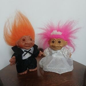 Vintage Bride & Groom Wedding Troll Dolls 1986 DAM Groom Orange RUSS Bride Pink